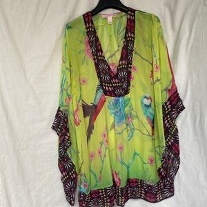 Matthew Williamson Lime Green Bird-Print Tunic with Magenta & Black Trim